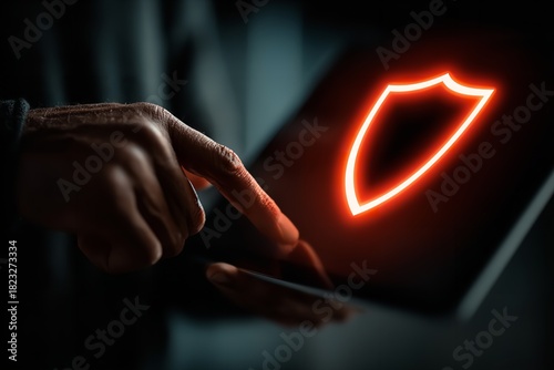 Secure digital access through touch as a hand interacts with a glowing shield symbol on a tablet screen in a dark setting