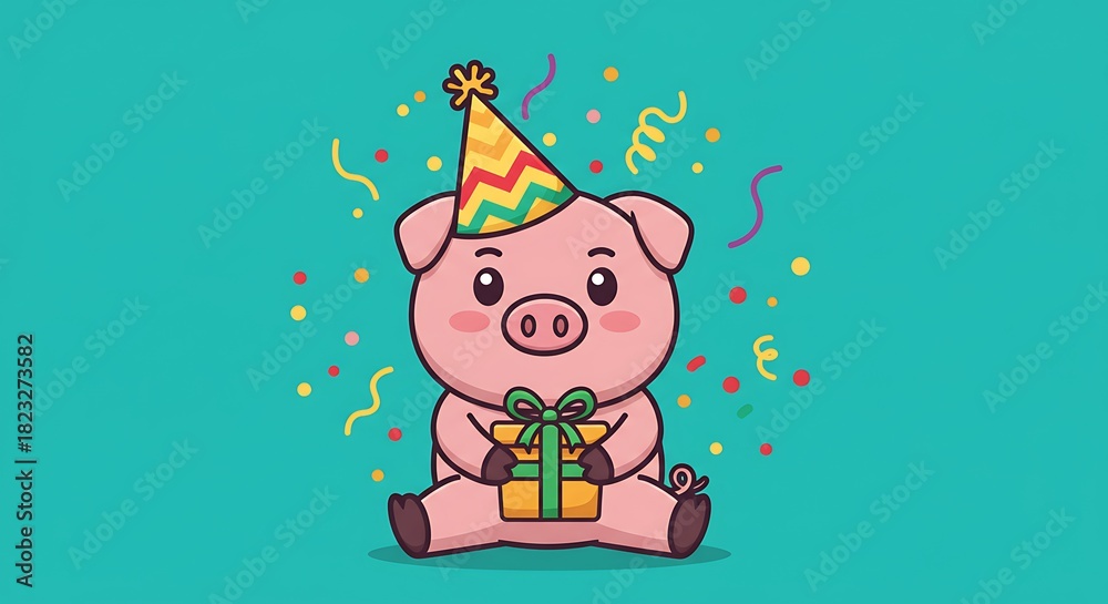 Naklejka premium Cheerful Birthday Pig with Gift and Confetti.