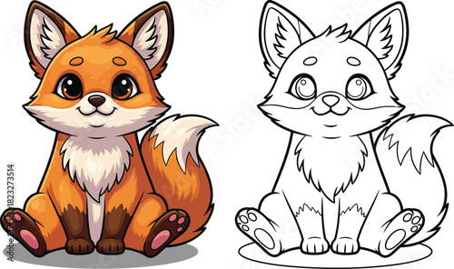 Adorable Cartoon Fox Cub Sitting with Big Eyes Full Color and Line Art Versions.