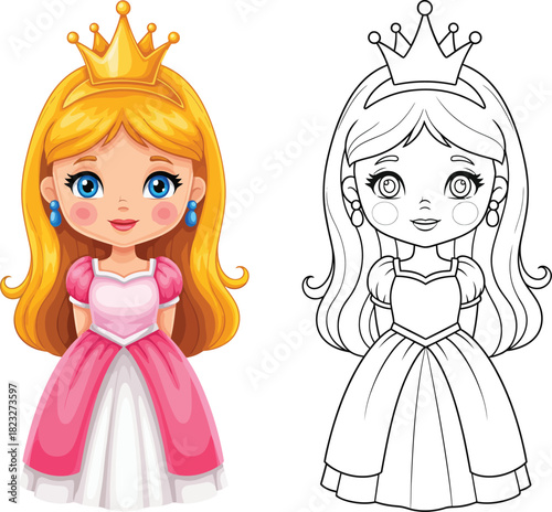 Adorable cartoon princess with long blonde hair a golden crown and a pink ball gown.