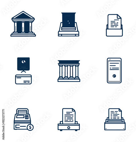 Set of business and financial icons on black background
