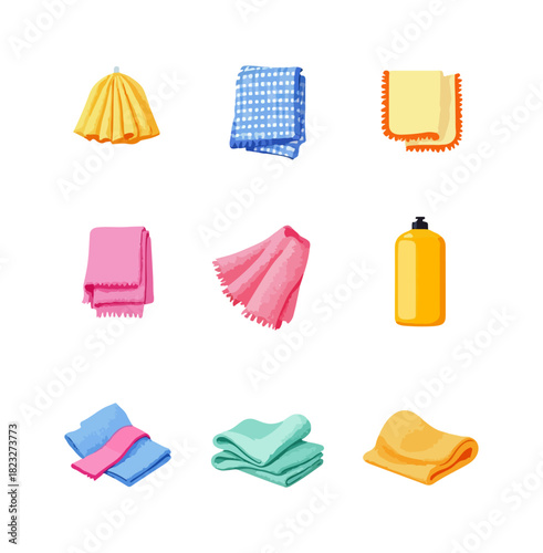 Set of cleaning supplies and towels vector illustration isolated
