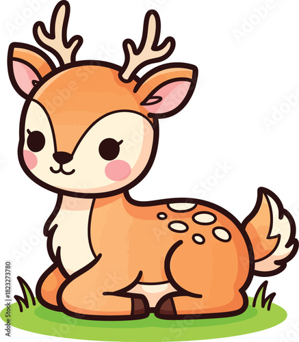 Adorable kawaii cartoon fawn with white spots and small antlers sitting peacefully.