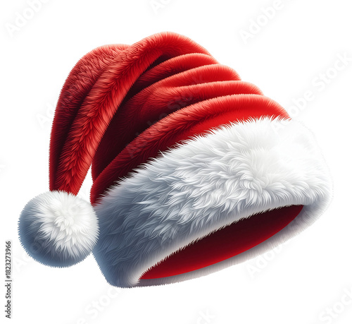 Fluffy Santa Claus Hat Icon with Realistic Fur Texture and Pom Pom Christmas Accessory, Transparent Background