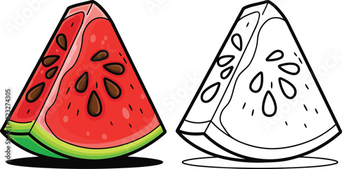 Cartoon watermelon slice illustration vibrant red fruit with seeds color and black and white outline versions.