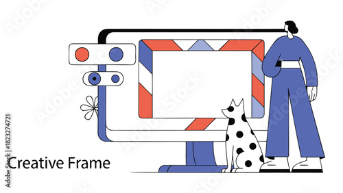 Modern minimalist illustration of a person and a dog looking at a large computer screen with a colorful frame and traffic light