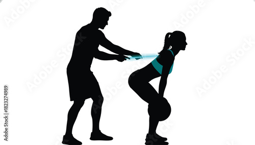 Silhouette of a woman doing deadlifts with a trainer fitness guidance and support isolated on white