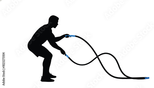 Silhouette of a man doing battle rope exercise intense workout illustration isolated on white background