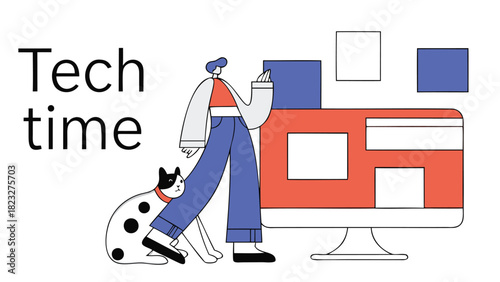 Person with cat working on computer with abstract shapes in the background representing technology and creativity