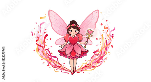 Adorable love fairy with heart wand and wings brings joy and magic to Valentine's Day celebrations with festive confetti shower