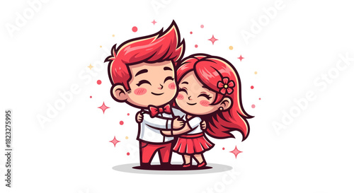 Adorable cartoon couple hugging sweetly with pink cheeks and sparkling background for Valentine's Day cards or cute love themed designs