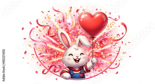 Adorable bunny with red heart balloon celebrating love and happiness, perfect for Valentine's Day greetings or cheerful birthday wishes for kids