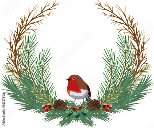 Christmas wreath with a beloved robin, fir branches, rowan berries, pine needles, poinsettia, pine cones, red berries, and a red-breasted bird. Vector illustration on a transparent background. EPS