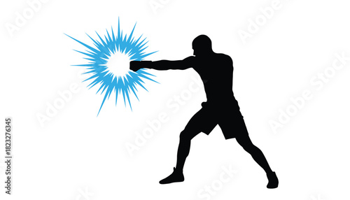Silhouette of a boxer throwing a punch with a blue energy effect illustration for sports and fitness concepts isolated on white