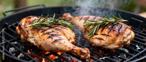 Delicious rosemary chicken legs grilling on a barbecue.