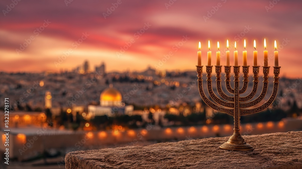 Fototapeta premium Menorah with lit candles overlooking jerusalem and the dome of the rock at sunset, a powerful symbol of hanukkah