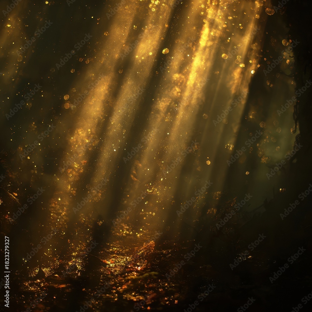 Naklejka premium Golden light rays pierce through a dark, dusty atmosphere, creating a mystical and ethereal glow with sparkling particles