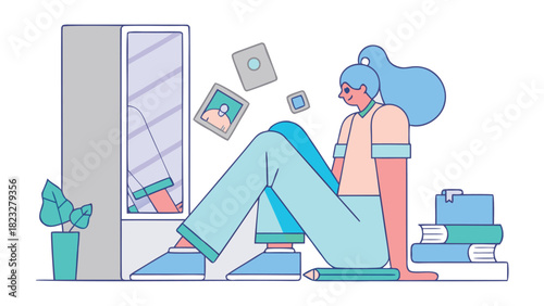 A young woman with long blue hair sits cross legged next to a stack of books and a plant surrounded by framed pictures