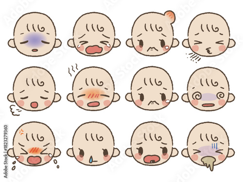 手描きの赤ちゃん表情セット３アクシデント