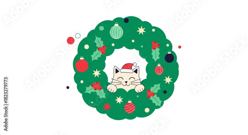 Adorable Christmas cat wearing Santa hat peeking through festive holiday wreath with ornaments and holly berries for a heartwarming seasonal greeting