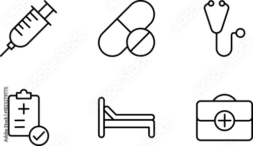 Medical Care Icons Collection: Syringe, Pills, Stethoscope, Clipboard, Bed, and First Aid Kit