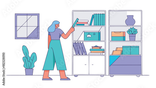 Modern flat illustration of a woman organizing books and decorative items on a minimalist bookshelf in a stylish room