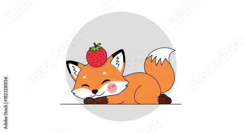 Adorable cartoon fox napping with a ripe strawberry on its head, perfect for kids' books, playful designs, and cute springtime campaigns