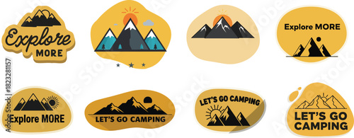 Icon Set Vector Mountain Adventure Outdoor Emblems Modern Minimalist Flat Design Yellow Black White Orange Blue Travel Explore Camping