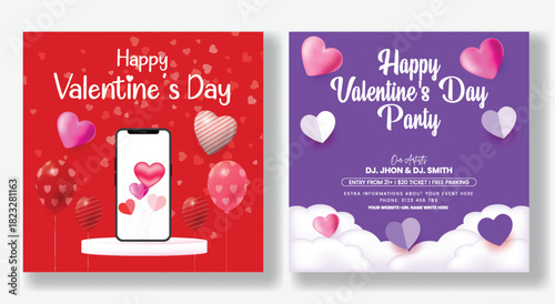 Valentine’s Day love theme  Instagram posts, ads , banner set with 3D heart graphics, creative banner layout, square flyer poster and modern web banner template pack with smartphone on 3d podium
