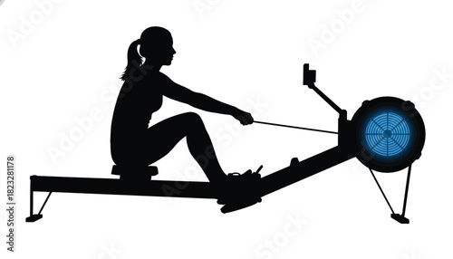 Silhouette of a woman using a rowing machine fitness training for cardio isolated on white background