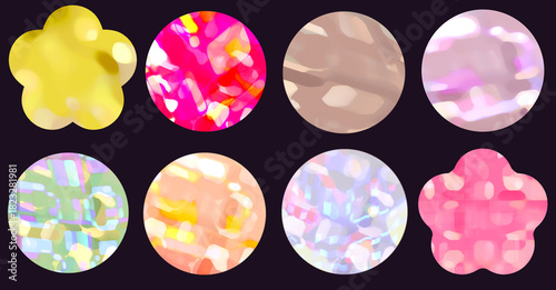 Colorful Shiny Abstract Objects in circle and floral shape Set on black background.  Ideal for stickers, badges, buttons, candy, jewels, game assets, UI elements, or abstract backgrounds