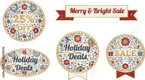 Label Set Vector Vintage Floral Holiday Badges Banner Festive Botanical Design Muted Red Blue Green Gold