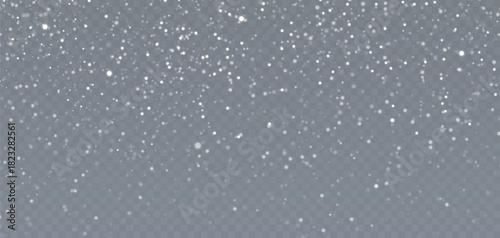 Vector illustration. Snowfall effect. Big snow falling banner with snowflakes in different sizes on a transparent background.