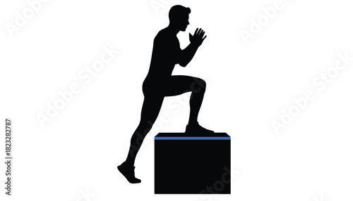 Silhouette of a man performing step-up exercise a fitness workout routine isolated on white background