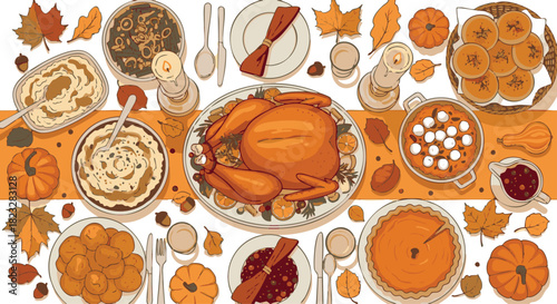 Autumn Festive Dinner Vector Illustration Hand Drawn Thanksgiving Table Setting with Turkey Pumpkins and Fall Leaves Cozy Style Orange Brown Red Green