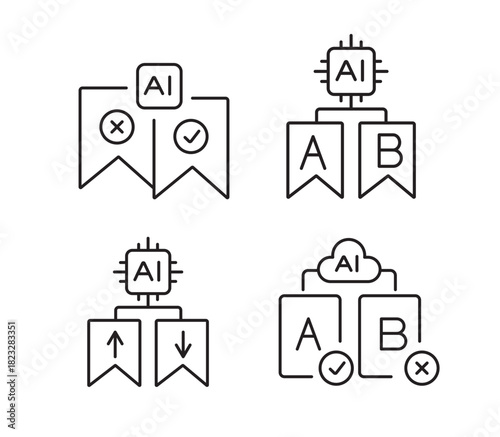 A set of vector icons representing AI-driven A B testing and decision-making tools for performance optimization, created in line style with editable stroke
