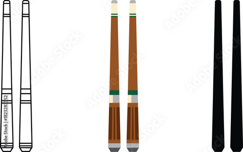 Pair of Billiard or Pool Cue Sticks Icon Set - Outline, Color, and Silhouette Vector