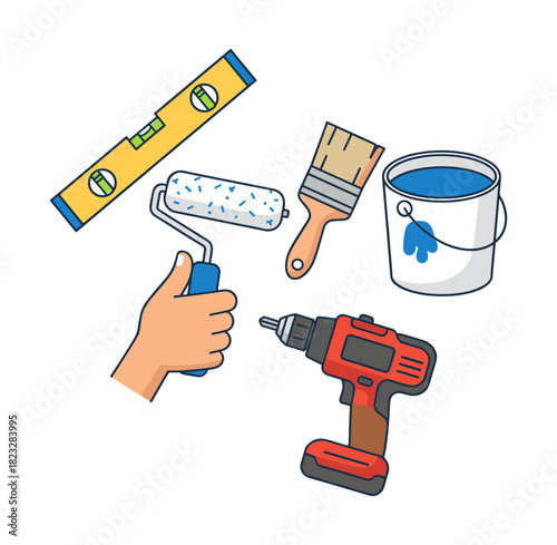 Hand holding paint roller with DIY tools