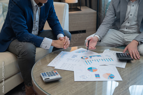 Finance team and Investment consultant analyze data insight and financial planning strategy for investment portfolio stock market growth.