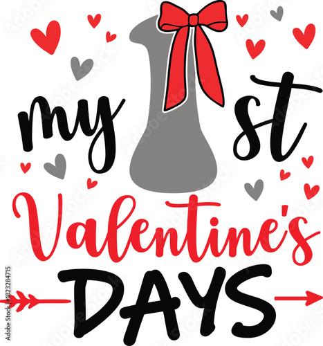My First Valentine’s Day Girl with cute bowtie, vector illustration for t-shirts, mugs, posters, baby onesies, crafts, and digital downloads.