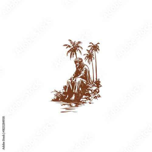 vintage engraving illustration in sepia tones, depicting a thoughtful, robed man or hermit sitting beside a stream under two tall palm trees in an oasis