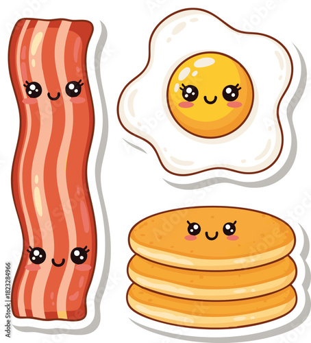 Illustration Set Vector Cute Breakfast Food Elements Kawaii Style Featuring Bacon Fried Egg Pancakes in Red Yellow Brown White