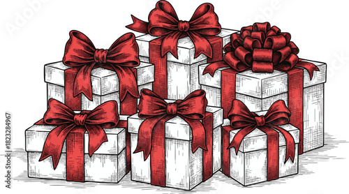 Illustration Vector Hand Drawn Vintage Sketch Gift Boxes Red Bows Presents Festive Celebration Graphic