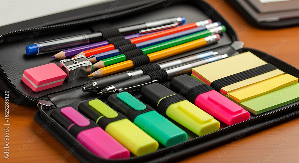 Naklejka premium A pencil case filled with pens pencils highlighters eraser sharpener and sticky notes on a wooden surface