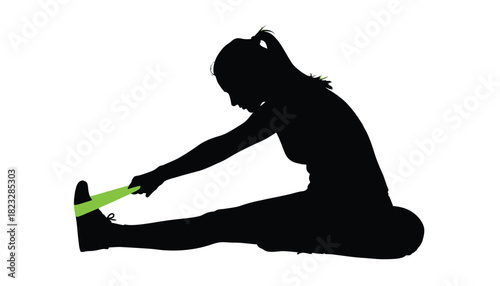 Silhouette of a woman stretching with a resistance band fitness and exercise routine isolated on white background