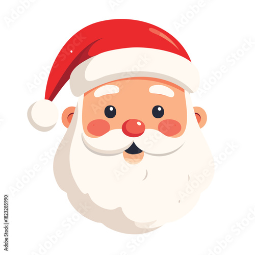 A cheerful cartoon illustration of Santa Claus's head, featuring his iconic red hat, white beard, and rosy cheeks on a white background.