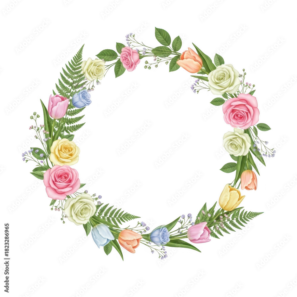 Obraz premium Floral wreath with roses and tulips isolated on transparent background