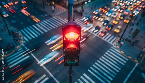 Red traffic light glowing brightly over a busy city intersection at night with blurred car lights, concept for urban planning, traffic management and city life.