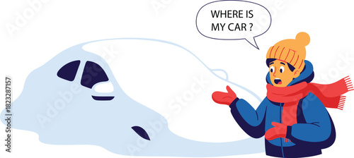 Man in winter clothes looking at car buried in snow asking where is my car high-quality editable EPS vector file