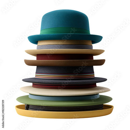 Stylish stack of Panama hats, vibrant colors and textures evoke summer vibes, perfect for fashion blogs, travel ads, or retail displays of seasonal headwear